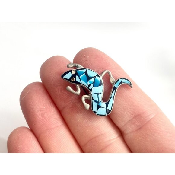 Mosaic Turquoise Lizard Mexican Made TR-19 Vintage Sterling Silver Brooch Pin - Picture 4 of 10